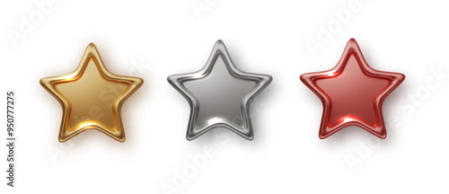Golden, bronze, silver glossy metallic stars 3d realistic style isolated. vector illustration for leadership, game award, customer feedback, Christmas design