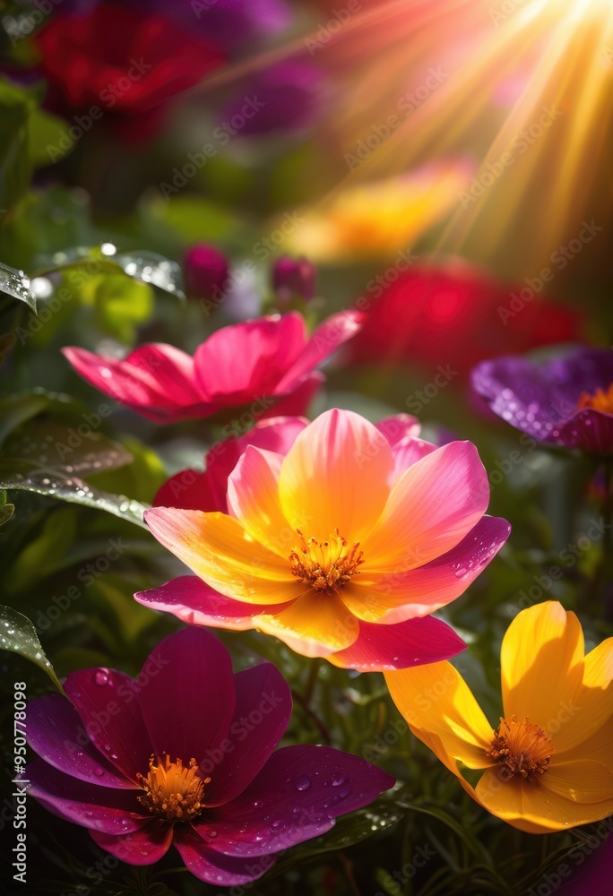Fototapeta premium vibrant blooms bathed radiant sunlight showcasing beautiful harmony colors lush garden setting, flowers, colorful, petals, greenery, nature, landscape, spring