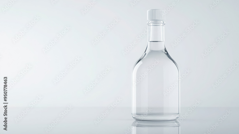 clear glass bottle with white cap on a reflective surface clear glass bottle with white cap on a reflective surface