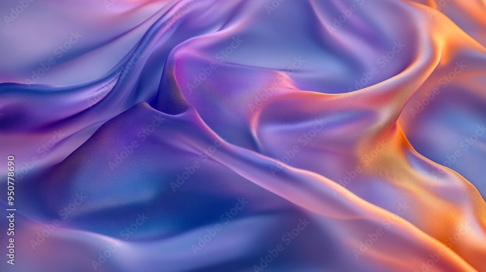 Obraz premium Close-up of silk fabric in fluid motion in purple and orange tones. Abstract iridescent silk waves in a royal purple, blue and orange tone.