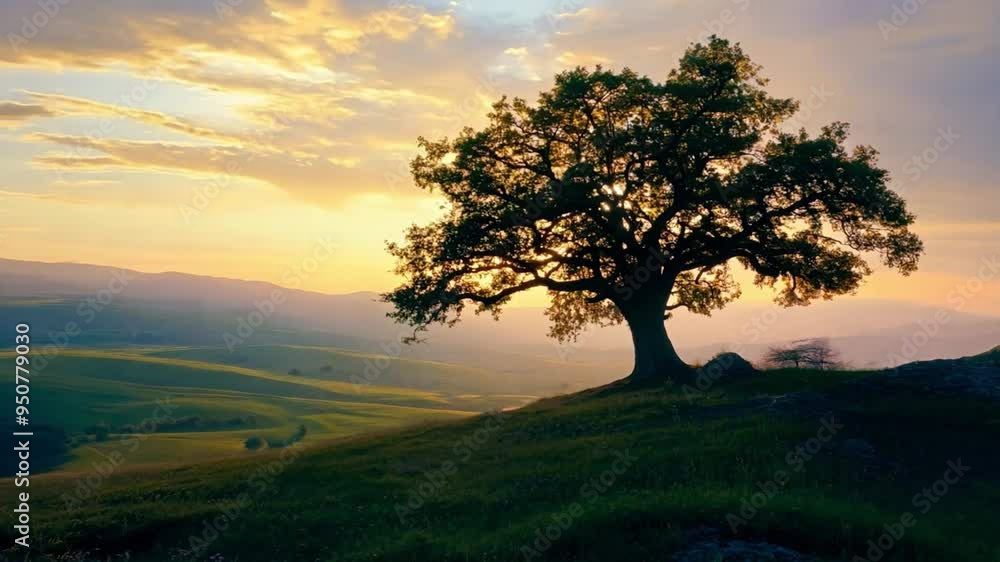 A large oak tree stands alone on a green hillside at sunset, with vibrant colors illuminating the sky. The tranquil landscape features rolling hills and distant mountains. A large oak tree stands alone on a green hillside at sunset, with vibrant colors illuminating the sky. The tranquil landscape features rolling hills and distant mountains.