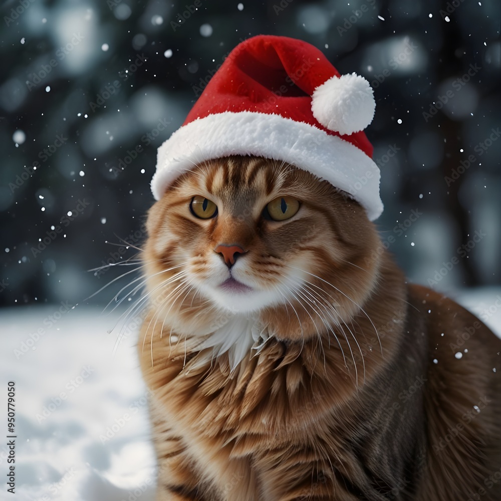 A cat in a Santa hat. Snow background A cat in a Santa hat. Snow background