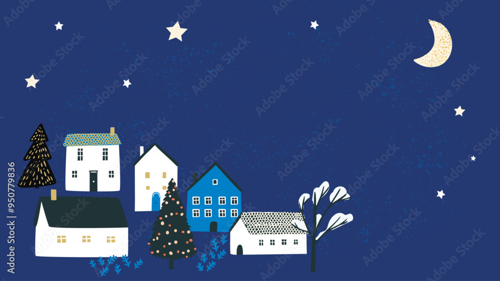 Winter town, Christmas greeting banner background, small houses and tiny cabins, night blue sky with golden stars and moon Winter town, Christmas greeting banner background, small houses and tiny cabins, night blue sky with golden stars and moon