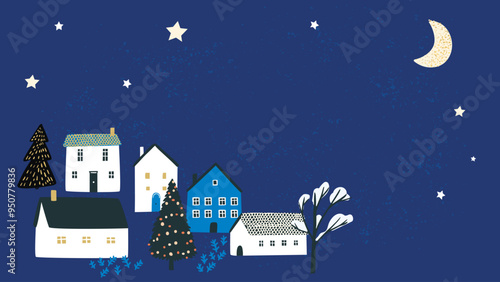 Winter town, Christmas greeting banner background, small houses and tiny cabins, night blue sky with golden stars and moon