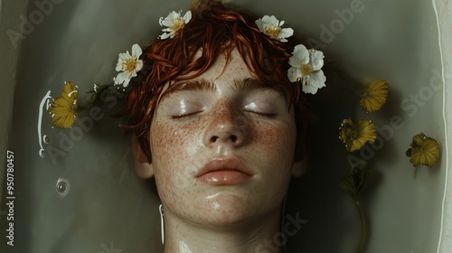 A woman's face in water in extreme realism style focus. Woman underwater with eyes closed in a dramatic scene. photo