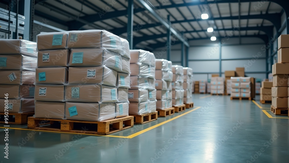 Industrial Warehouse Pallets of Packaged Goods in Loading Area Industrial Warehouse Pallets of Packaged Goods in Loading Area