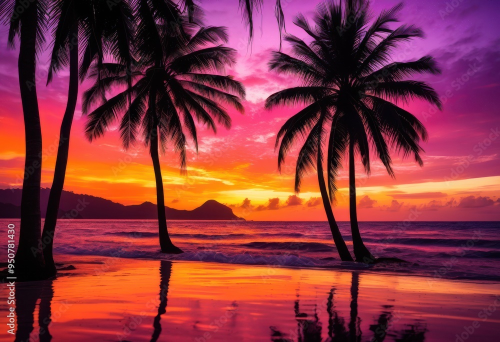 vibrant palm silhouettes framed stunning sunset colors breathtaking tropical landscape, sky, orange, pink, blue, clouds, evening, nature, scenery, view vibrant palm silhouettes framed stunning sunset colors breathtaking tropical landscape, sky, orange, pink, blue, clouds, evening, nature, scenery, view