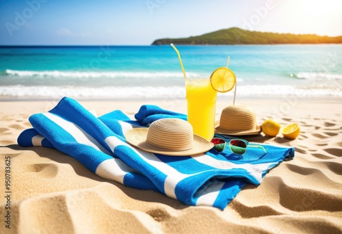 vibrant beach essentials including colorful stylish comfortable refreshing drinks perfect getaway, towels, sunglasses, sandals, sunblock, umbrella photo