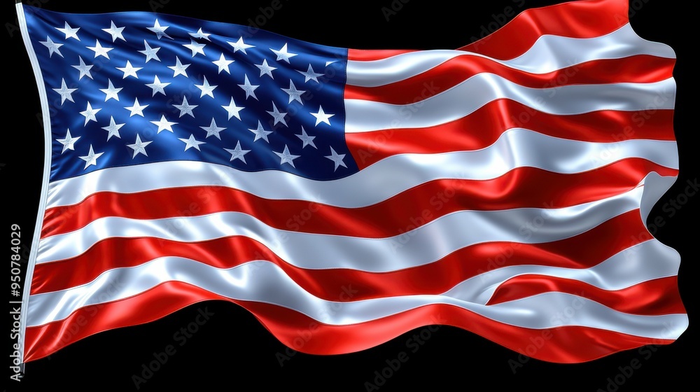 Obraz premium The American flag flutters in the wind, displaying its iconic red and blue design with white stars and stripes, symbolizing patriotism and freedom