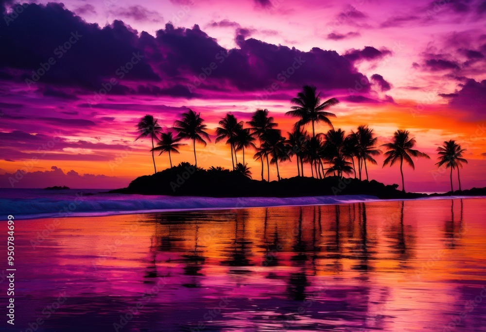 vibrant seaside sunset displaying bold palms silhouetted colorful sky gentle rolling waves foreground, beach, coastline, ocean, horizon, colors, nature vibrant seaside sunset displaying bold palms silhouetted colorful sky gentle rolling waves foreground, beach, coastline, ocean, horizon, colors, nature
