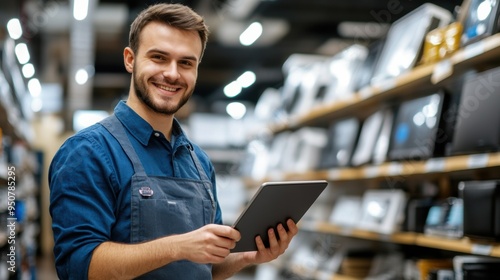 Smiling store employee holding tablet in electronics aisle 