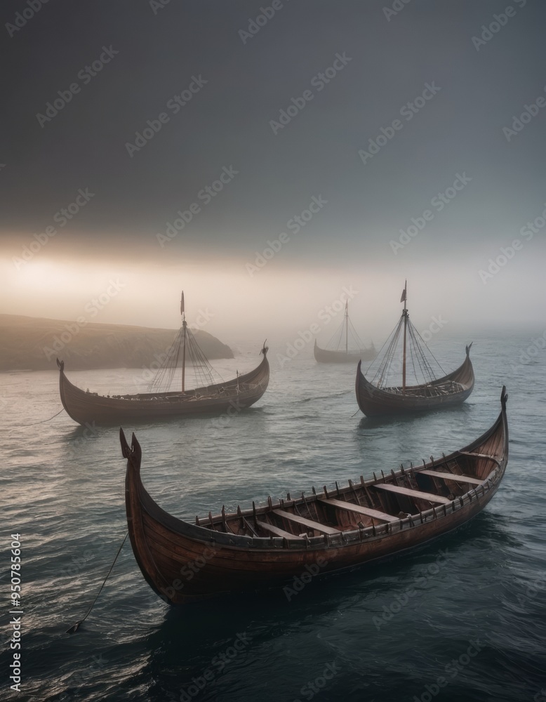 Viking ships in foggy mystical sea landscape
Viking ships in foggy mystical sea landscape