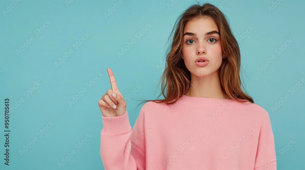 Young woman making a point against blue background
Young woman making a point against blue background