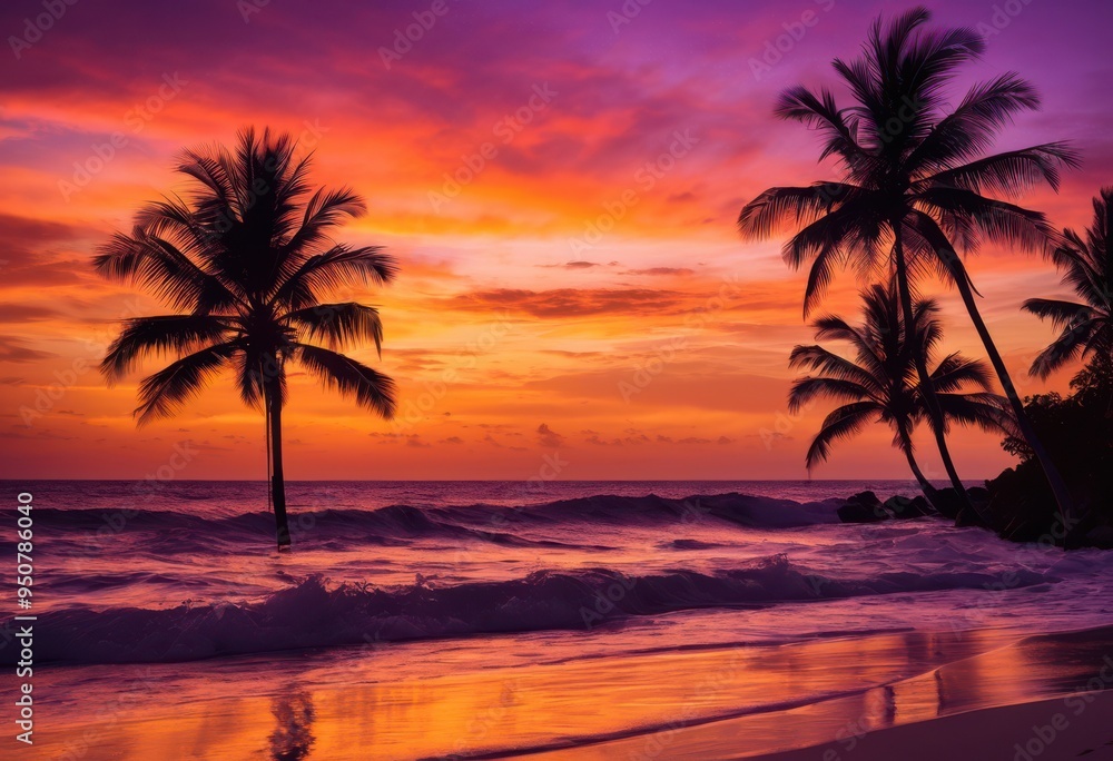 vibrant silhouettes palm trees framed stunning sunset scene creating tropical paradise atmosphere, outline, color, sky, evening, nature, landscape, horizon vibrant silhouettes palm trees framed stunning sunset scene creating tropical paradise atmosphere, outline, color, sky, evening, nature, landscape, horizon