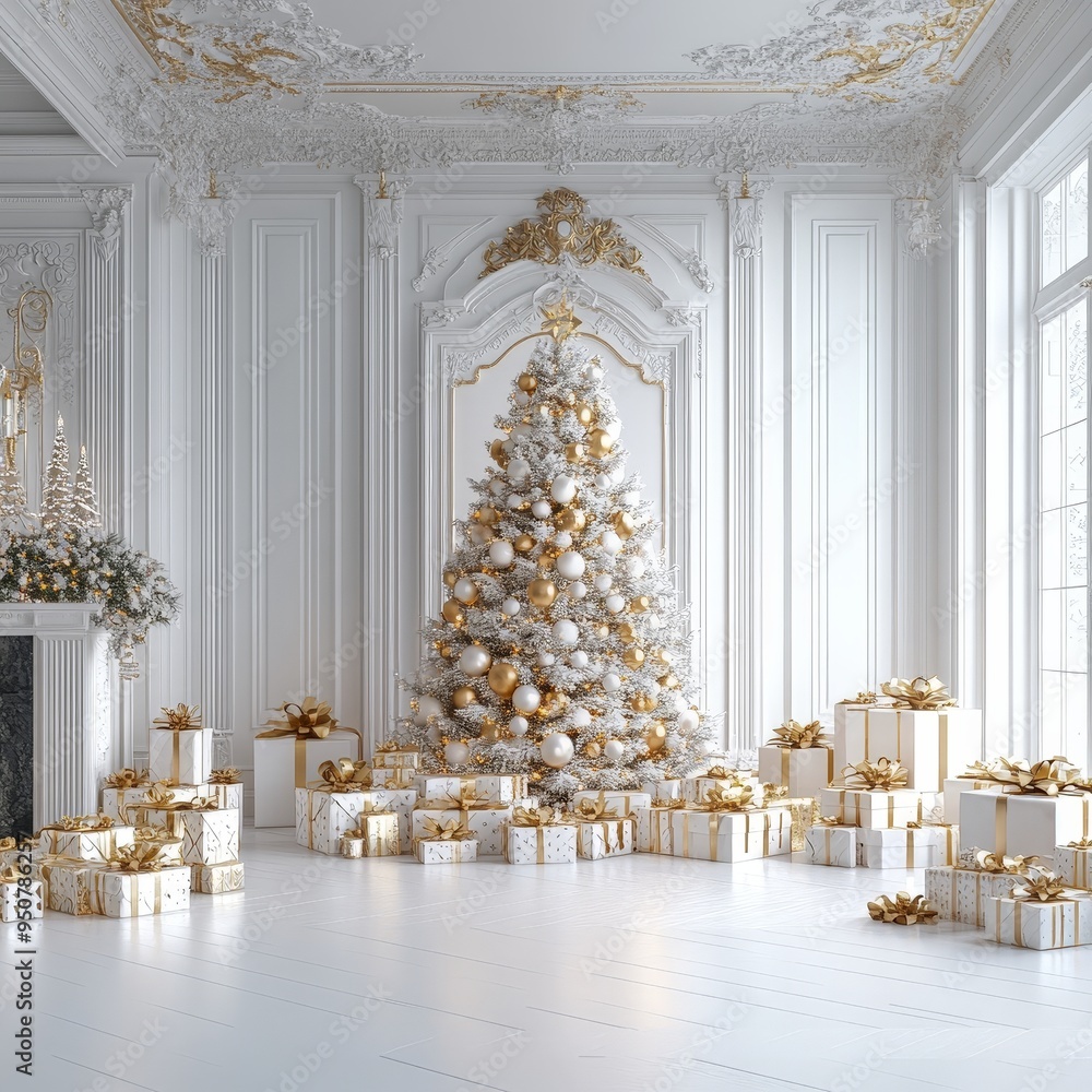 Elegant Gold and White Minimalist Christmas Scene with Tree and Gifts Elegant Gold and White Minimalist Christmas Scene with Tree and Gifts