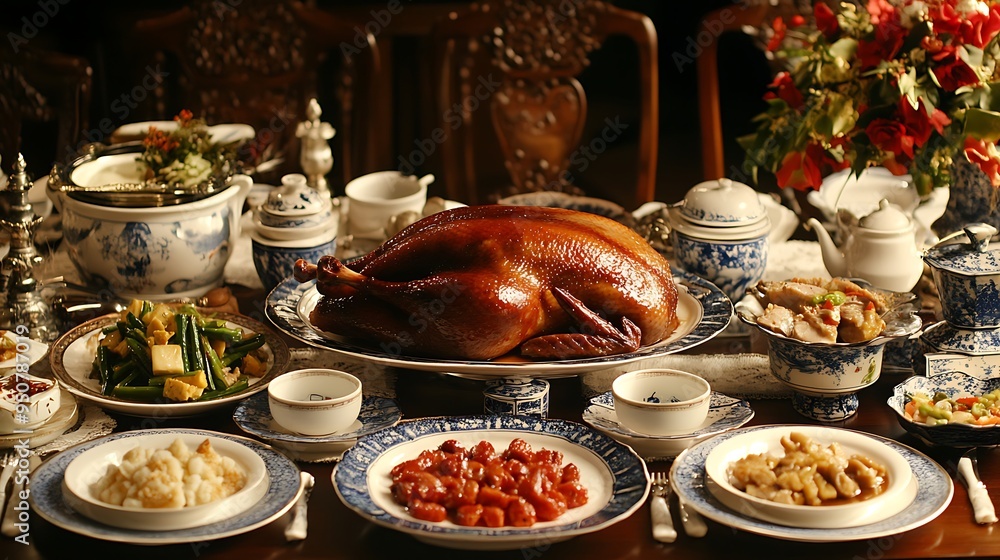 Elegant Chinese Banquet Table Set with Traditional Dishes and Decorative Details Elegant Chinese Banquet Table Set with Traditional Dishes and Decorative Details