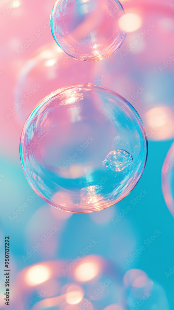 Rainbow soap bubbles floating on a futuristic blue and pink tone background, creating a delicate and serene atmosphere. Cosmetic skincare product texture Rainbow soap bubbles floating on a futuristic blue and pink tone background, creating a delicate and serene atmosphere. Cosmetic skincare product texture