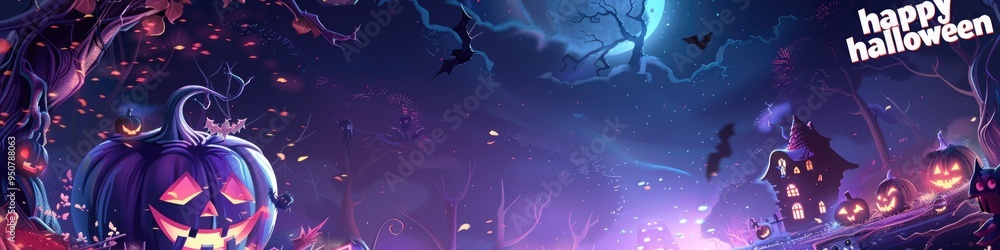 banner. Spooky Halloween scene with a glowing Jack-O'-Lantern and happy Halloween text. background, pumpkin and lights. banner. Spooky Halloween scene with a glowing Jack-O'-Lantern and happy Halloween text. background, pumpkin and lights.