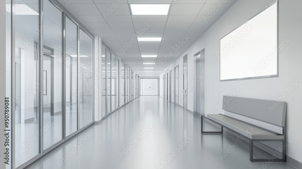 The interior design features a sleek and contemporary white corridor or hallway within a modern luxurious building. The space is designed with a minimalist approach, incorporating stylish waiting seat The interior design features a sleek and contemporary white corridor or hallway within a modern luxurious building. The space is designed with a minimalist approach, incorporating stylish waiting seat