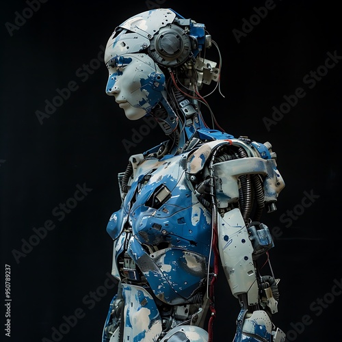 a close up of a robot with a head and body made of wires photo