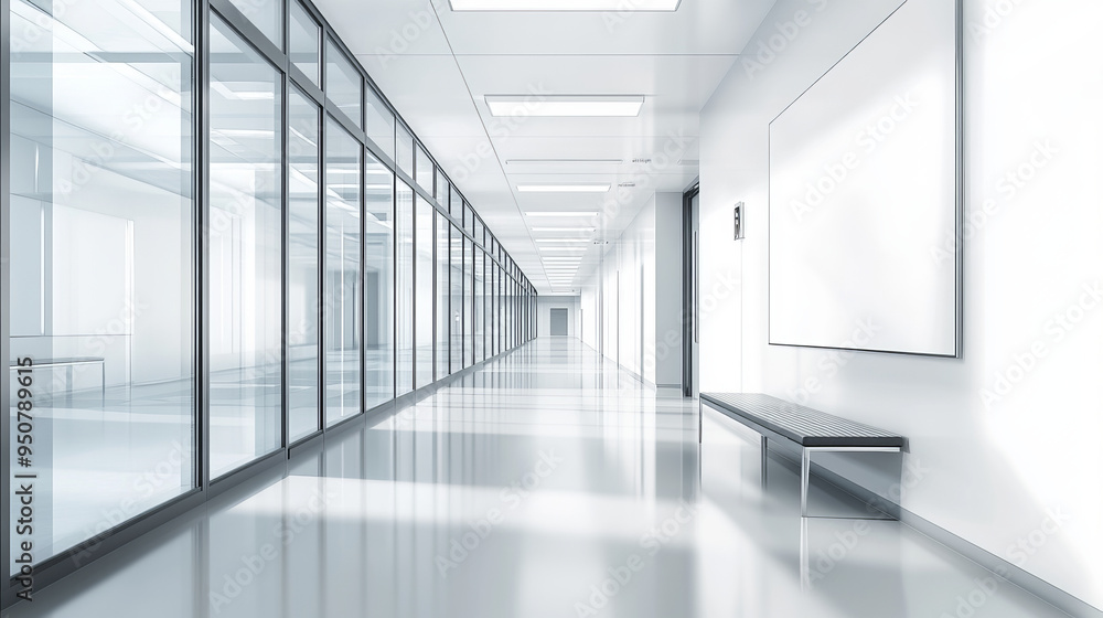 The interior design features a sleek and contemporary white corridor or hallway within a modern luxurious building. The space is designed with a minimalist approach, incorporating stylish waiting seat The interior design features a sleek and contemporary white corridor or hallway within a modern luxurious building. The space is designed with a minimalist approach, incorporating stylish waiting seat