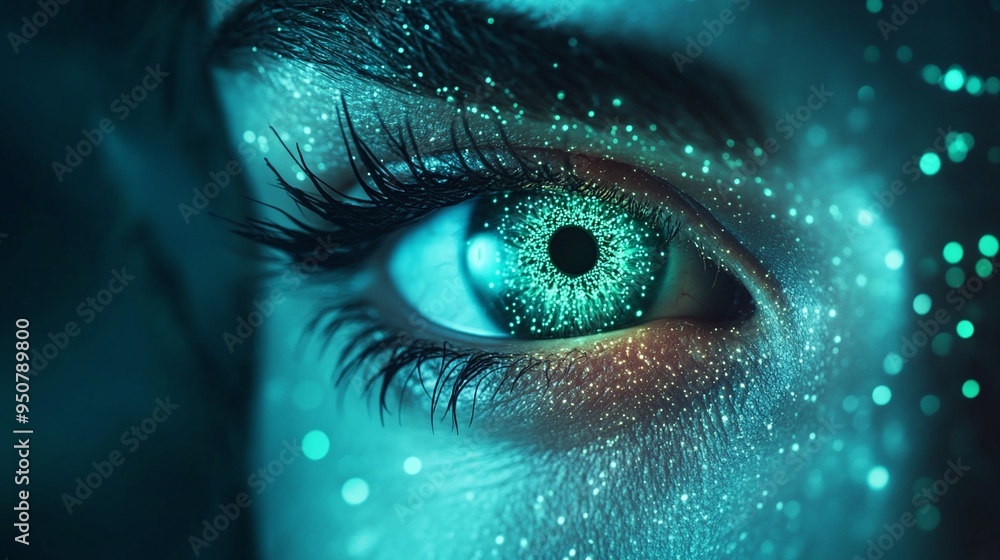Futuristic close-up of a human eye with glowing green and blue digital elements against a dark background. Conceptual photography for sci-fi themes, technological designs, and digital art with a cyber Futuristic close-up of a human eye with glowing green and blue digital elements against a dark background. Conceptual photography for sci-fi themes, technological designs, and digital art with a cyber
