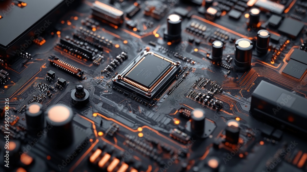 Close-up of a Black Circuit Board with Orange Traces and a Processor Chip Close-up of a Black Circuit Board with Orange Traces and a Processor Chip