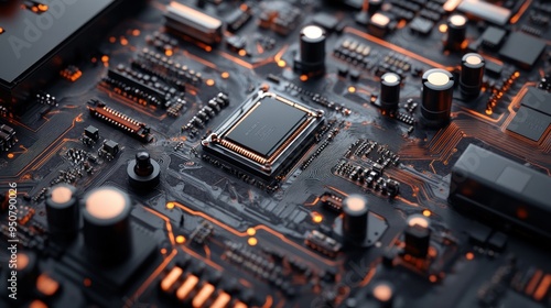 Close-up of a Black Circuit Board with Orange Traces and a Processor Chip