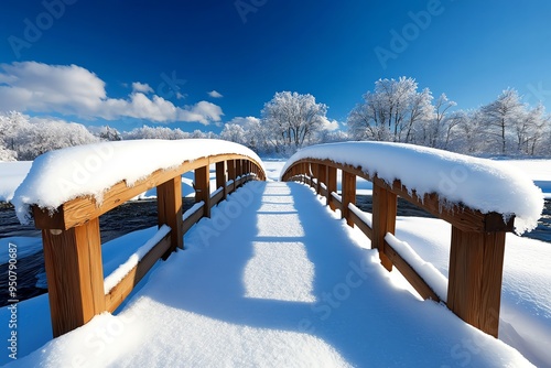 Wallpaper Mural Beauty of Winter in a snow-covered bridge, depicted in an artwork where a small wooden bridge crosses a frozen stream, its railings dusted with snow Torontodigital.ca