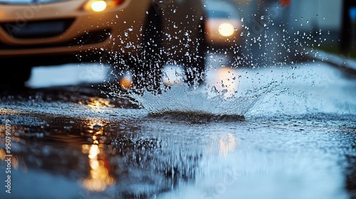 A vehicle traverses a puddle, sending water droplets flying in its wake, creating a momentary spray. 