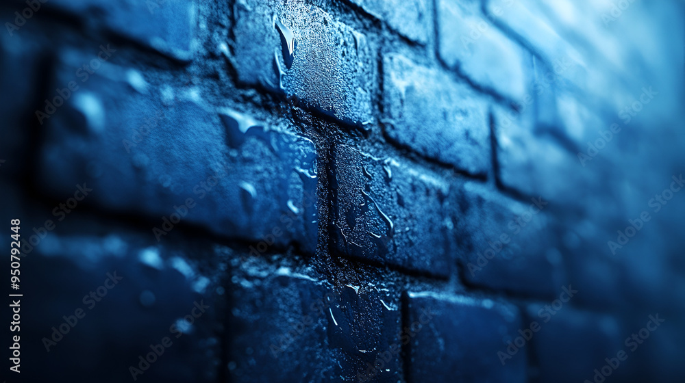 Close-up view of wet blue bricks after rain at night highlighting texture and sheen from water droplets on a dimly lit street Close-up view of wet blue bricks after rain at night highlighting texture and sheen from water droplets on a dimly lit street