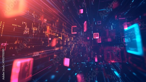 Abstract futuristic illustration of streaming data in cyberspace. Technology for data transfer, big data and cybersecurity, cyberpunk style. 