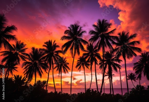stunning silhouettes vibrant palm trees framed colorful sunset backdrop rich hues purple, orange, pink, sky, tropical, evening, landscape, light, shadow