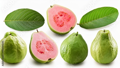 Set of Guava and leaves, isolated on white background