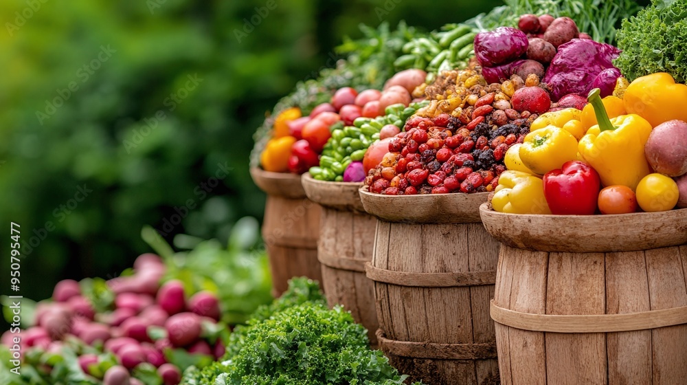 Vibrant display of fresh vegetables and fruits in wooden baskets at an ...