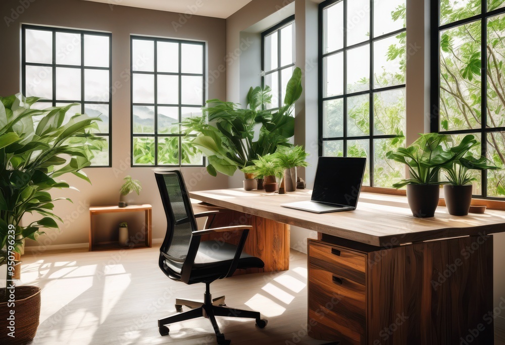 Fototapeta premium serene workspace featuring tranquil nature views lush greenery soothing natural light enhanced productivity, environment, plants, window, desk, comfortable
