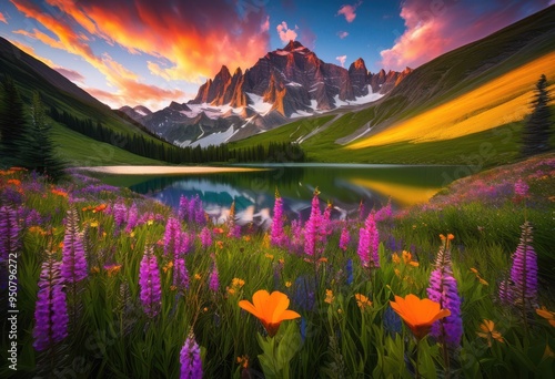 stunning mountain landscape featuring peaceful sunsets vibrant colors majestic peaks under clear sky, scenery, nature, clouds, views, horizon, beauty photo