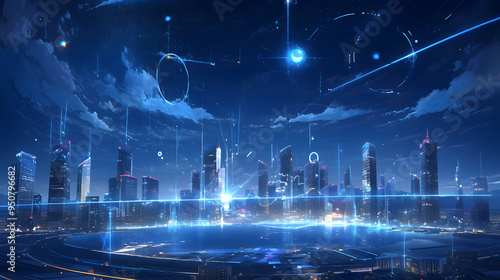 Nighttime cityscape featuring glowing skyscrapers and digital data streams, symbolizing smart cities, technology grids, and AI driven urban connectivity #950796682