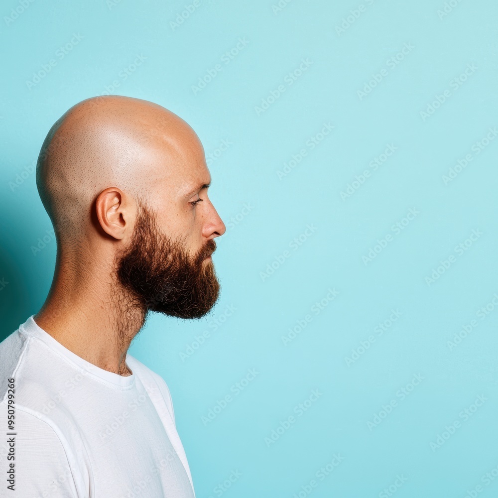 Fototapeta premium Profile Portrait of Bearded Bald Man in Front of a Light Blue Background