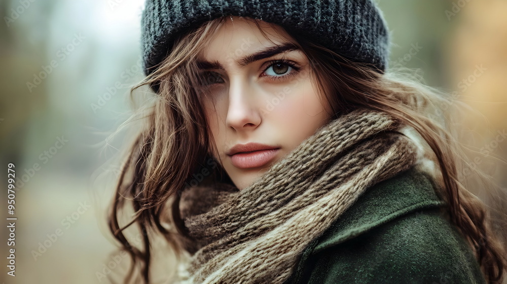 Portrait Young Woman Winter Style Hat Scarf Close-Up Nature Background