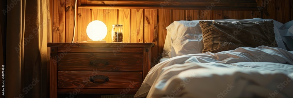 Switching off the lamp on the wooden nightstand prior to sleeping. Switching off the lamp on the wooden nightstand prior to sleeping.