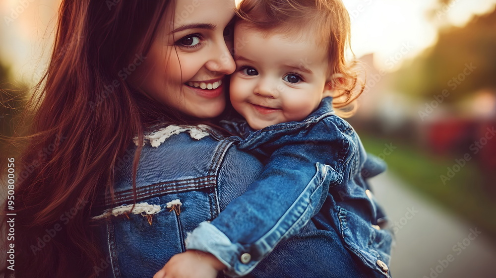 Fototapeta premium Joyful Mother Daughter Embrace Warmth Nature Smiles Happiness Denim Connection Love