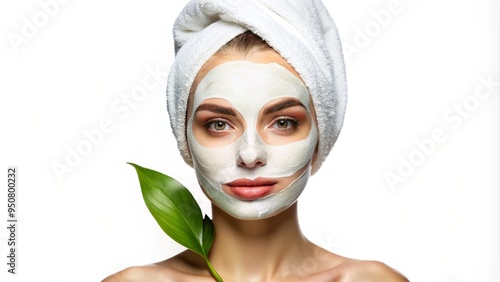 Portrait of a beautiful girl with a towel on her head, with a cosmetic mask on her face. Smile, cream on the face. Young healthy woman in spa doing treatments and face mask. На прозрачен фон PNG