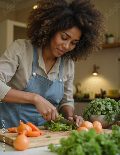 Black woman chopping vegetables