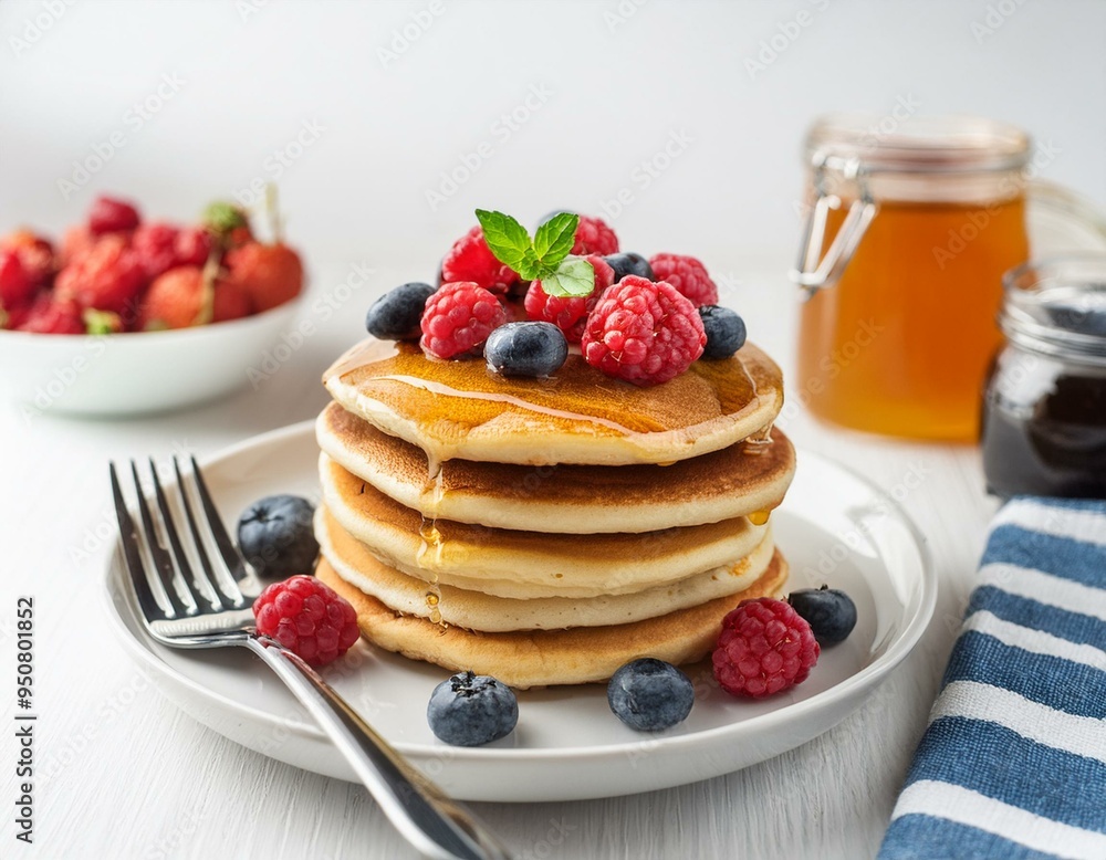 Pancakes topped with fresh berries and a drizzle of maple syrup closeup. ai generated Pancakes topped with fresh berries and a drizzle of maple syrup closeup. ai generated