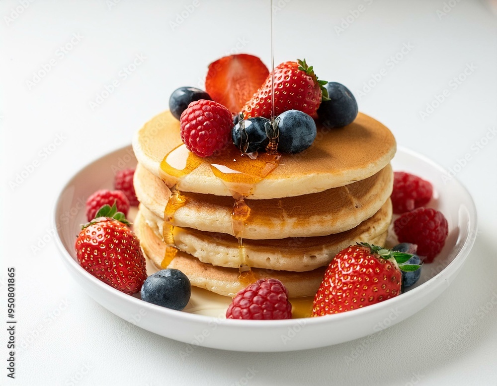 Pancakes topped with fresh berries and a drizzle of maple syrup closeup. ai generated Pancakes topped with fresh berries and a drizzle of maple syrup closeup. ai generated