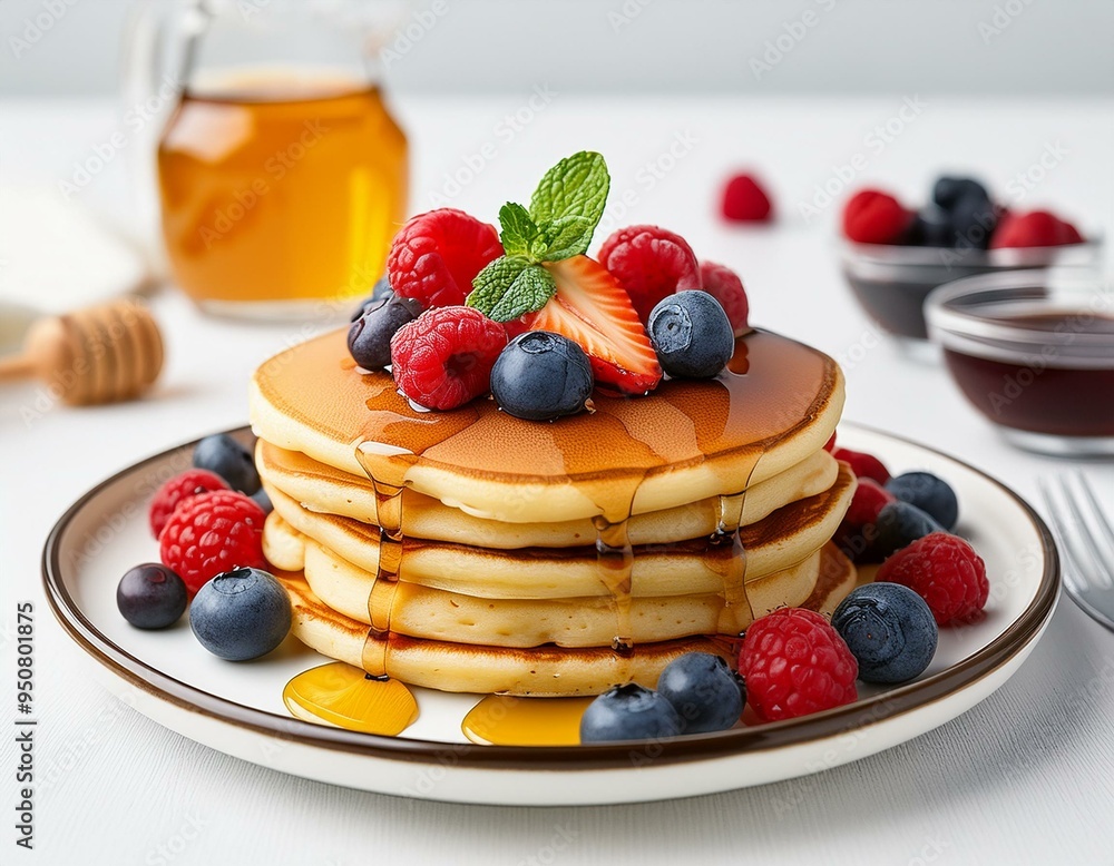Pancakes topped with fresh berries and a drizzle of maple syrup closeup. ai generated Pancakes topped with fresh berries and a drizzle of maple syrup closeup. ai generated