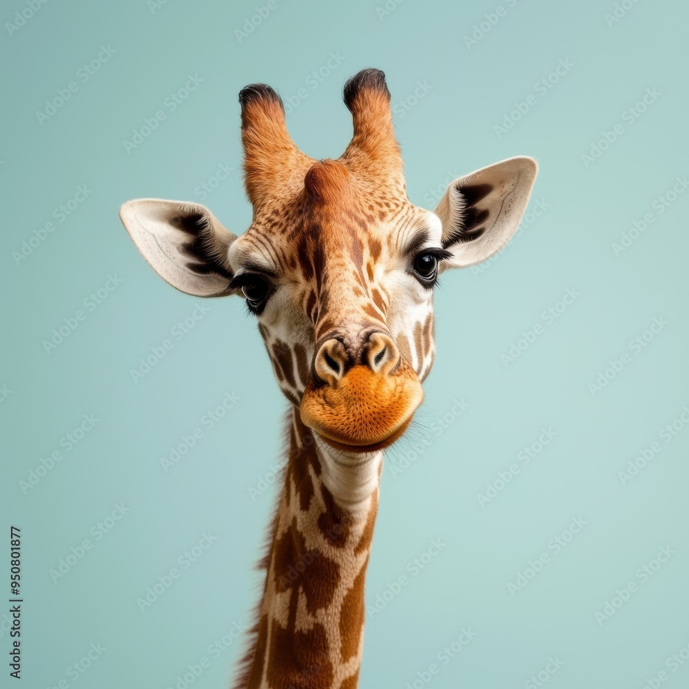 Fototapeta premium Close-Up Portrait of a Giraffe Against Light Blue Background with Playful Expression