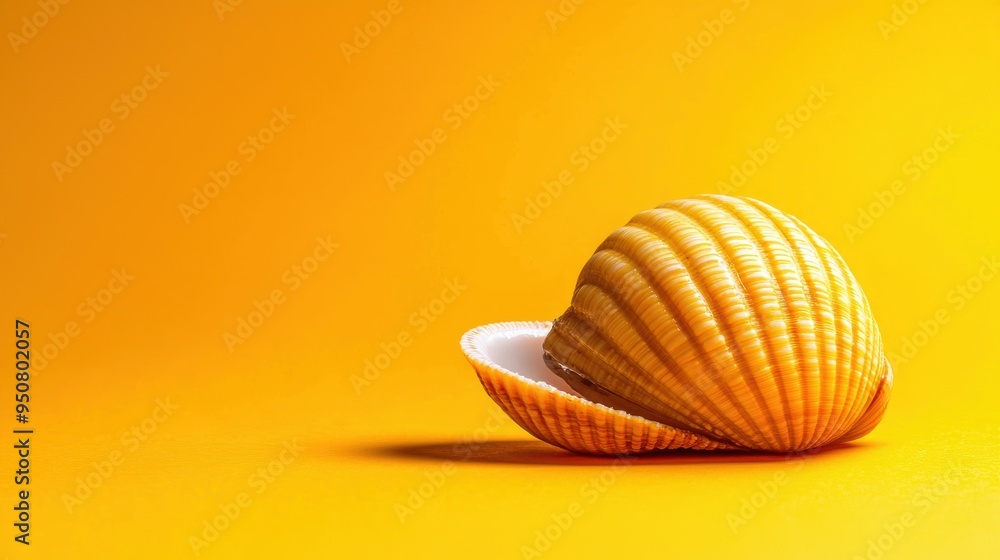 Golden Seashell on Vibrant Yellow Background, Showcasing Natural Beauty and Marine Elegance Golden Seashell on Vibrant Yellow Background, Showcasing Natural Beauty and Marine Elegance