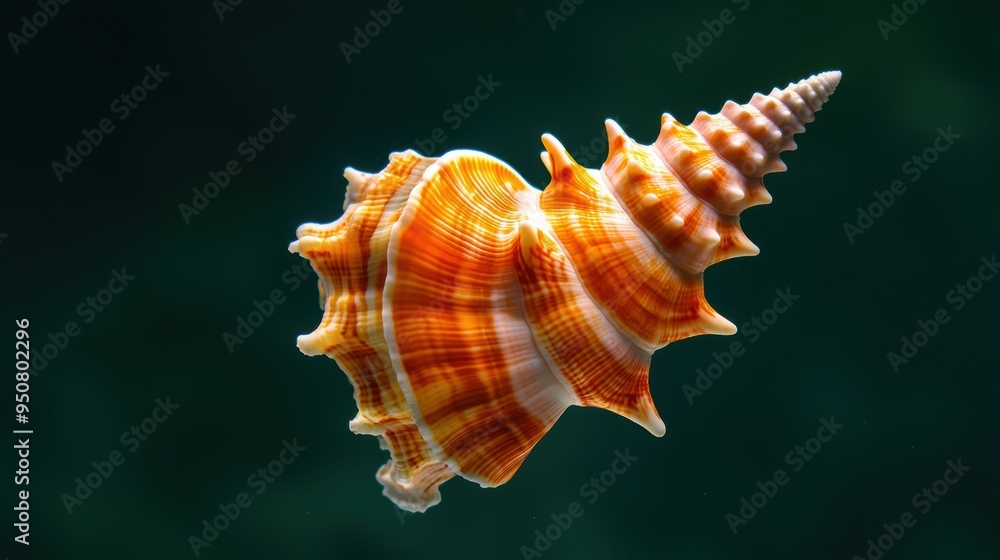Close-up of Vibrant Spiral Seashell Against Dark Green Background Captured with a Macro Lens Close-up of Vibrant Spiral Seashell Against Dark Green Background Captured with a Macro Lens